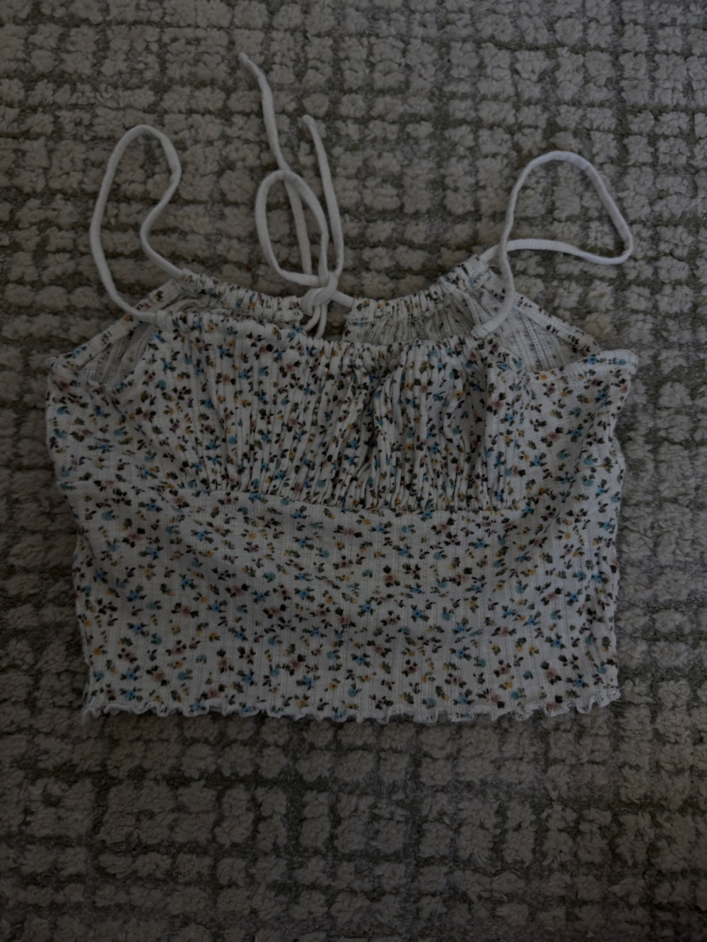Aeropostale White Smocked Floral Crop Tank with Blue & Brown Accents